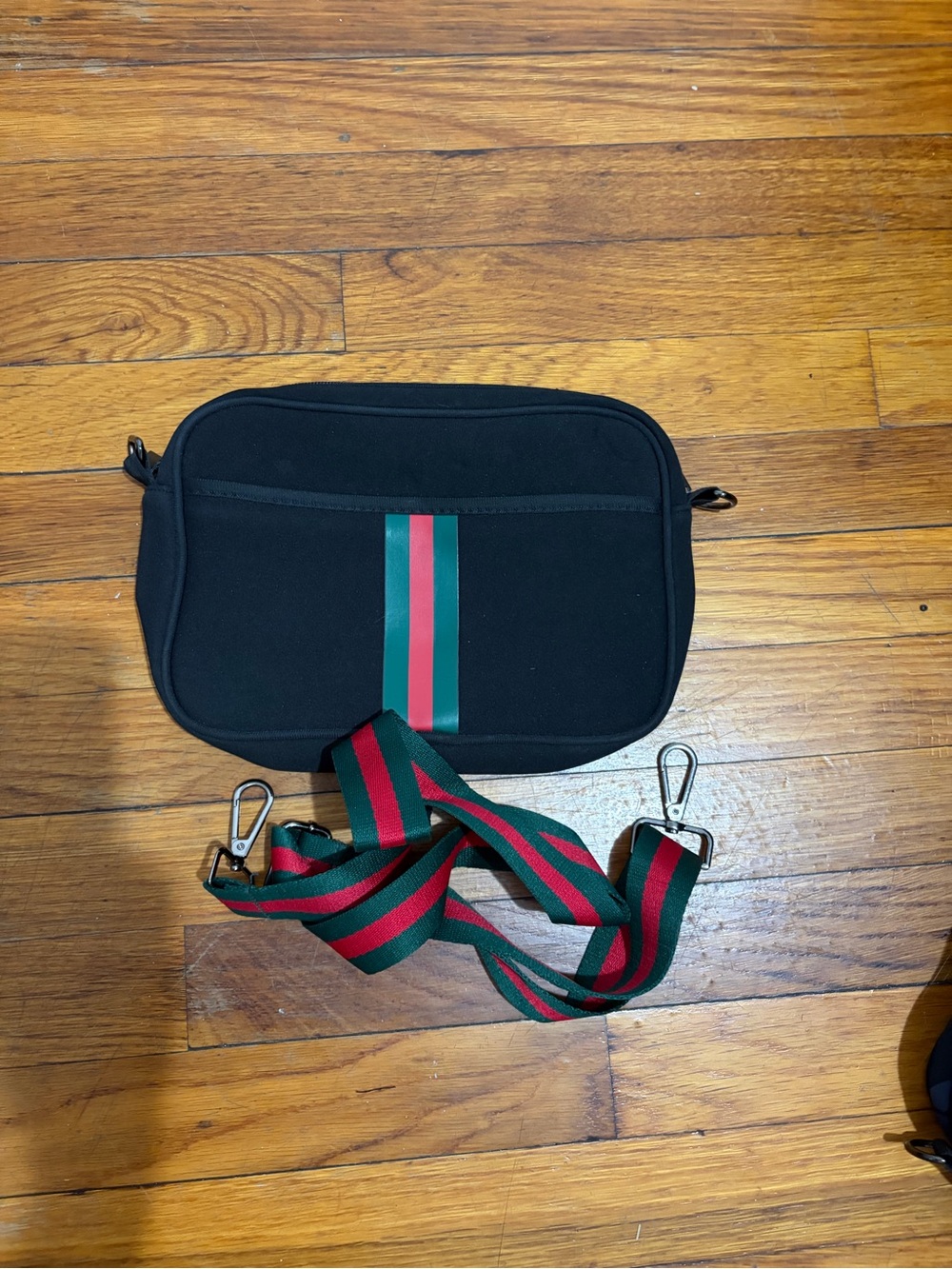 Black Crossbody Bag with Green and Red Stripe